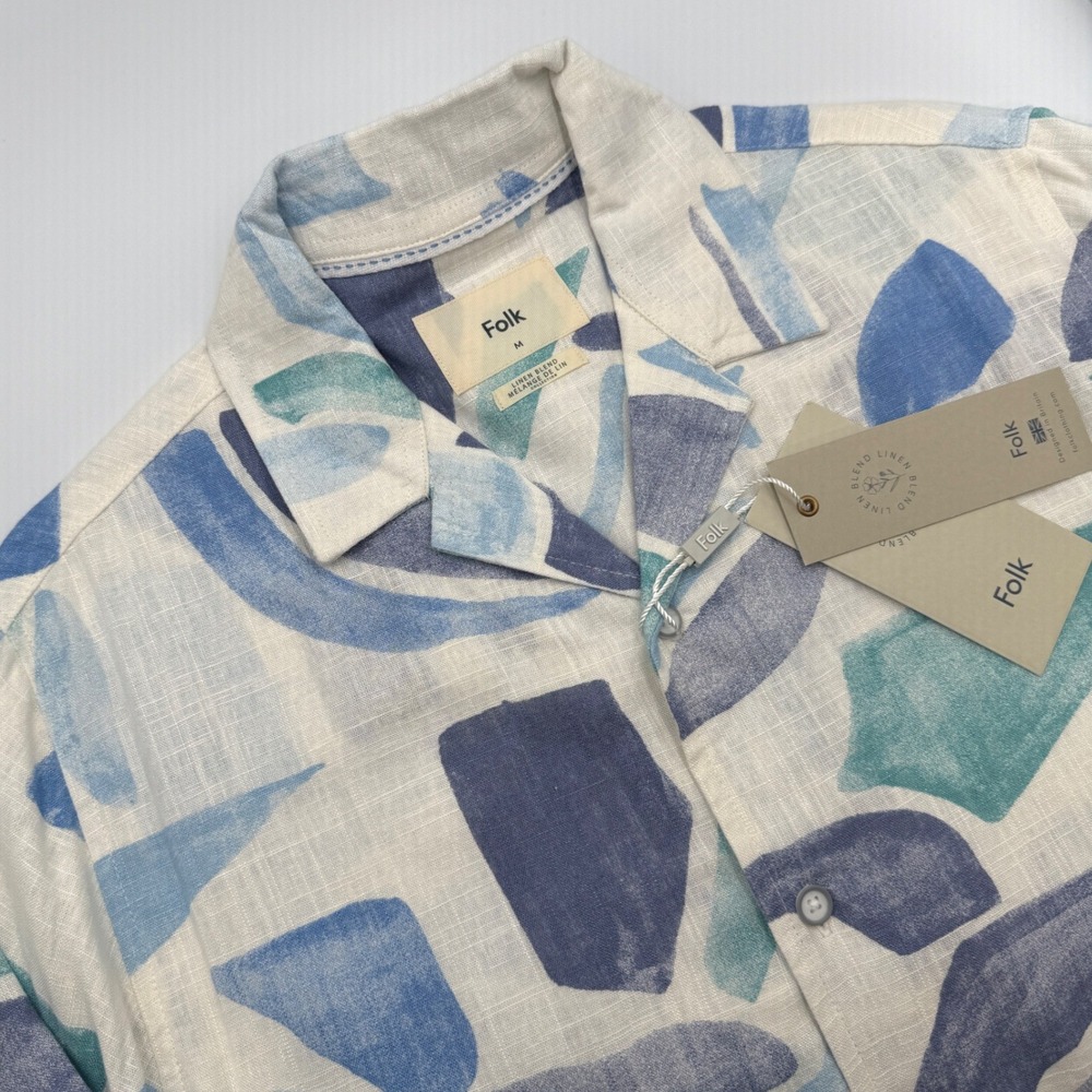 Folk Mens Palcont Short Sleeve Shirt Blue Abstract Geometric Linen Blend Med NWT